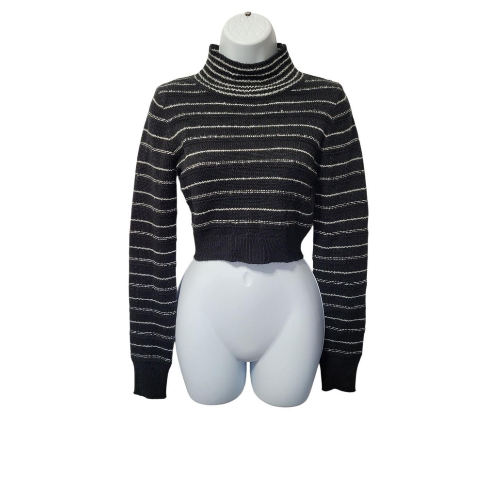 Vintage Y2K Sweater S Black Stripe Cropped Knit Boho Pullover Mock Neck Preppy